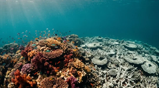 Vue d'un recif corallien multicolore contrastant avec une zone blanchie, symbole de la fragilite des oceans
