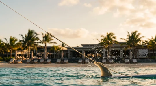 Kitesurfeur glissant sur un lagon turquoise face à un resort de luxe mauricien au coucher du soleil