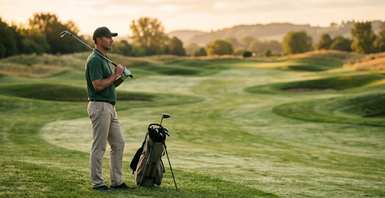 Golfeur seul sur un parcours vallonné au lever du soleil, symbolisant une semaine de golf structurée pour progresser