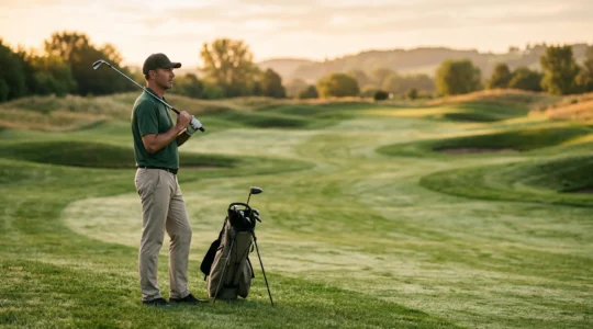 Golfeur seul sur un parcours vallonné au lever du soleil, symbolisant une semaine de golf structurée pour progresser