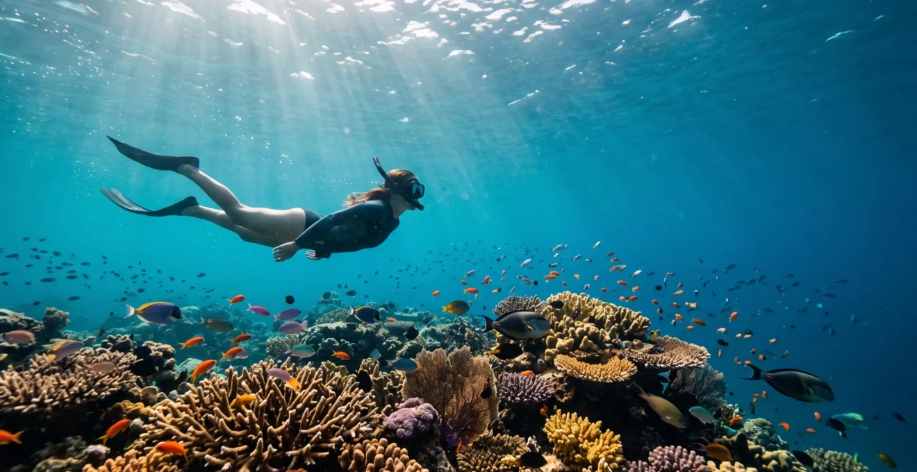 Snorkeleur en apnée de surface observant un récif corallien foisonnant de poissons colorés