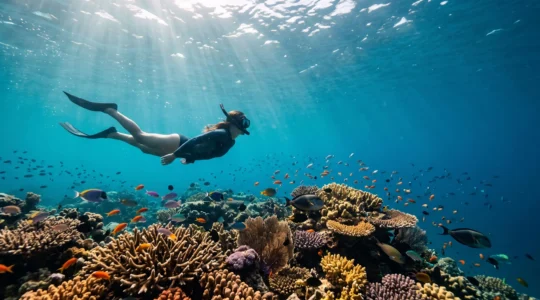 Snorkeleur en apnée de surface observant un récif corallien foisonnant de poissons colorés