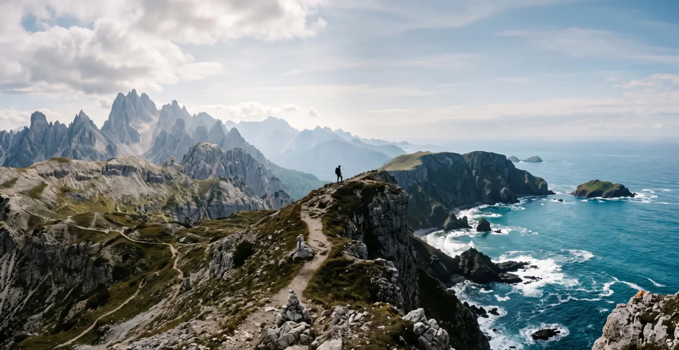 Panorama editorial illustrant la diversite des spots outdoor europeens entre sommets rocheux et cote sauvage