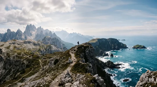 Panorama editorial illustrant la diversite des spots outdoor europeens entre sommets rocheux et cote sauvage