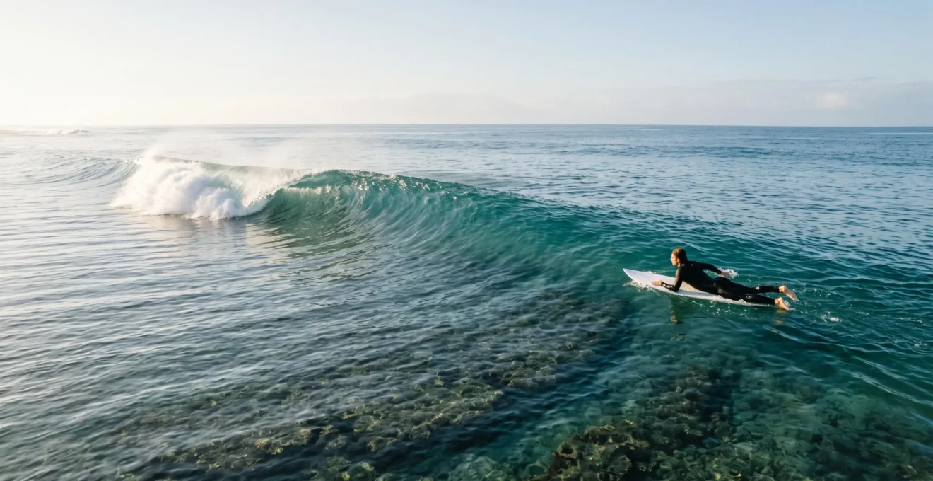 Surfeur en pleine action sur une vague de récif corallien, illustrant l'équilibre entre performance et prudence face au danger du fond marin