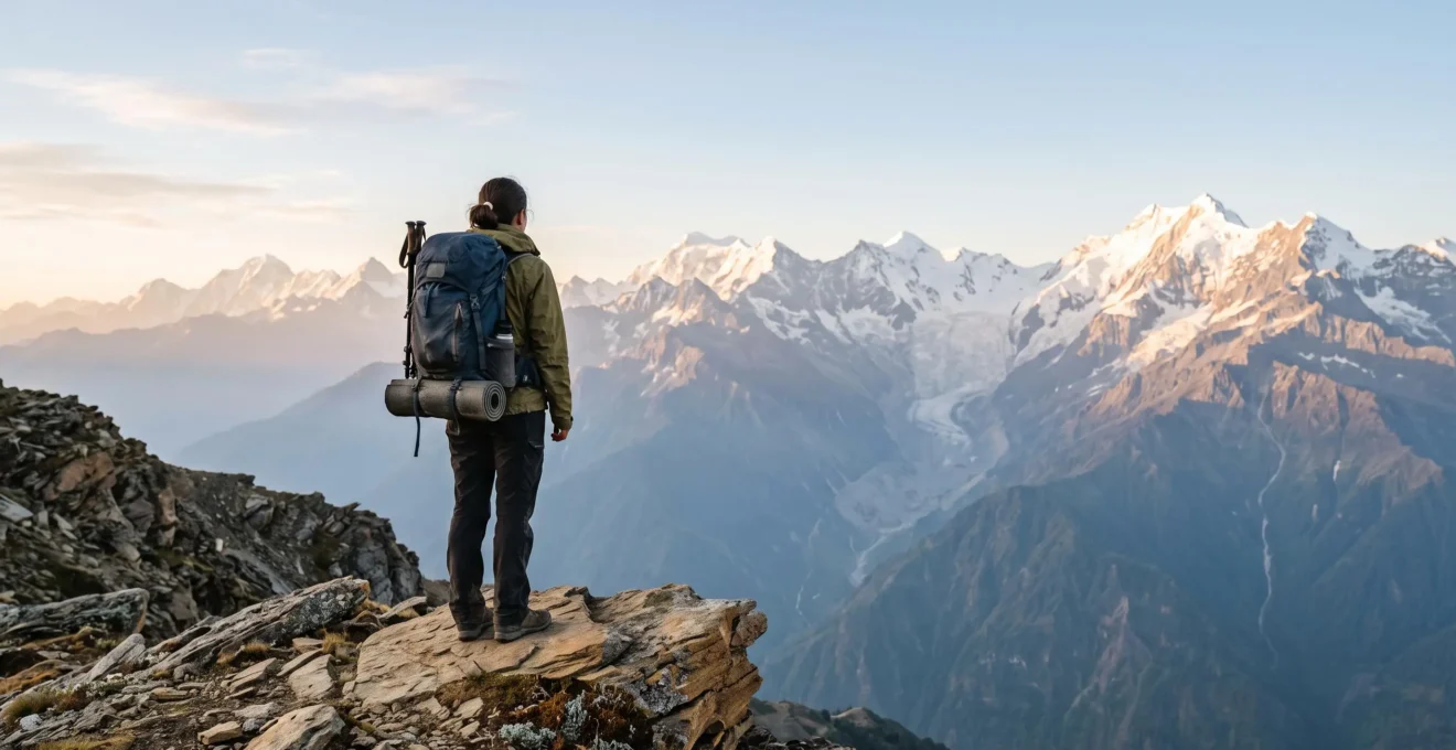 Un randonneur solitaire face à un vaste massif de haute montagne à l'aube, symbolisant la détermination nécessaire pour réussir un premier trek.