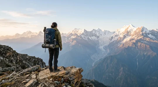 Un randonneur solitaire face à un vaste massif de haute montagne à l'aube, symbolisant la détermination nécessaire pour réussir un premier trek.