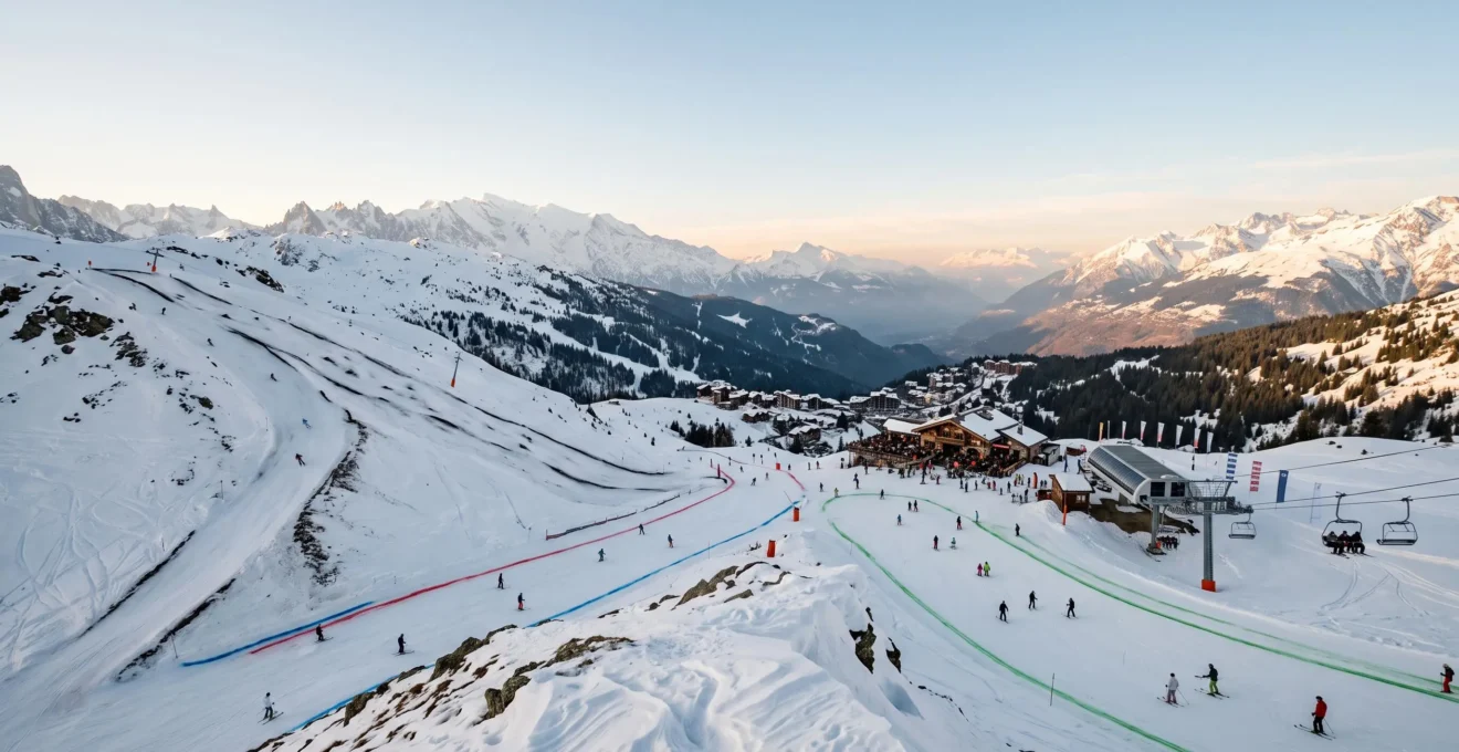 Vue panoramique d'un domaine skiable alpin avec des pistes de niveaux différents convergeant vers un même sommet, illustrant un séjour ski en groupe mixte