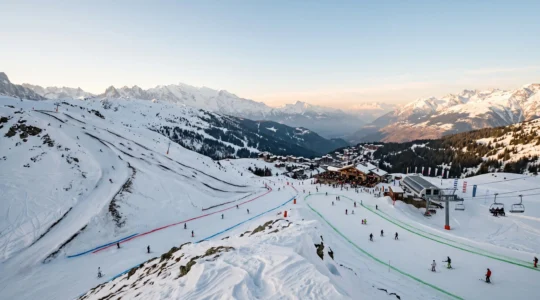 Vue panoramique d'un domaine skiable alpin avec des pistes de niveaux différents convergeant vers un même sommet, illustrant un séjour ski en groupe mixte