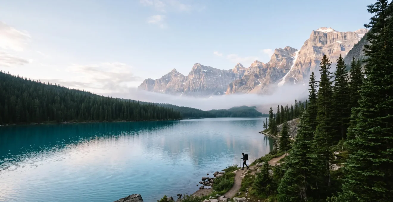 Vue panoramique d'un lac alpin entouré de sommets enneigés avec un randonneur au petit matin, symbolisant les vacances actives en Haute-Savoie toute l'année