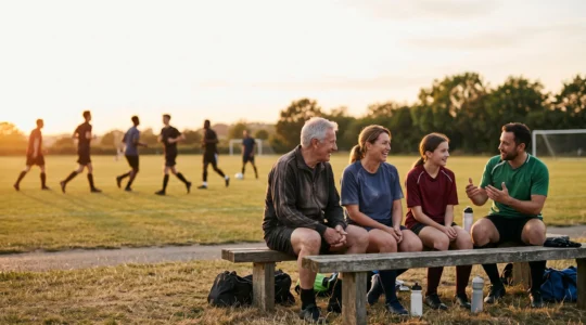 Des membres d'un club sportif amateur partageant un moment convivial en plein air, entre entraînement et esprit d'équipe, sous une lumière dorée de fin de journée.