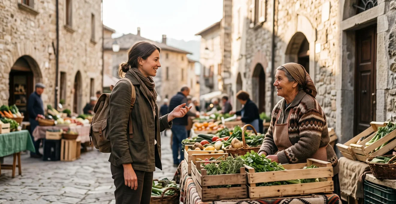 Voyageur échangeant avec un producteur local sur un marché de village au lever du jour, dans une ambiance authentique et chaleureuse